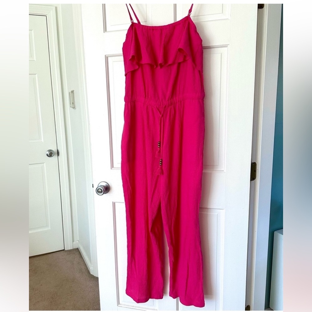 TALBOTS Bright Pink Ruffle Cotton Crepe Jumpsuit Wide Leg Summer Coverup Size L